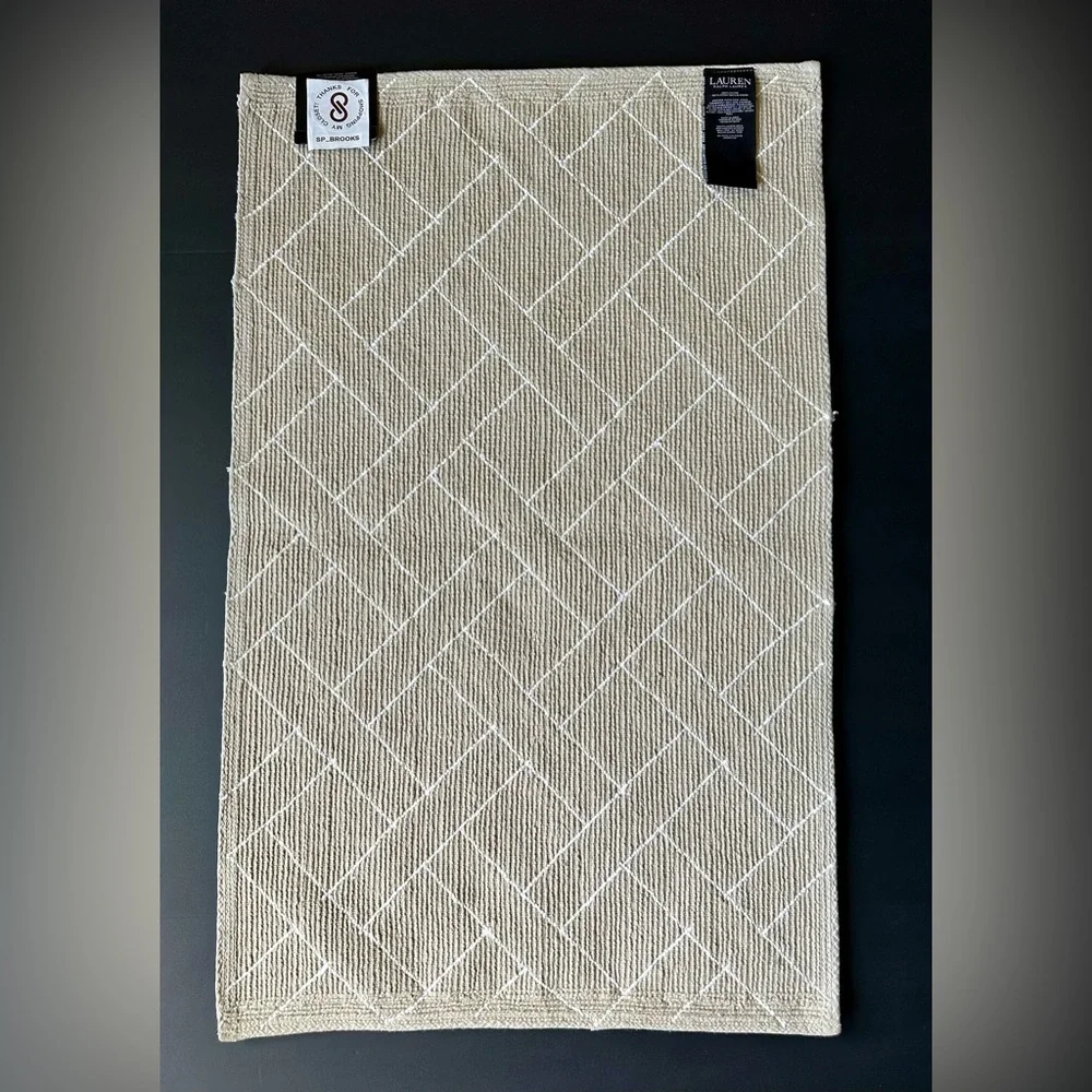 🎁Ralph Lauren Bath Rug - Skid Resistant- Cotton - 21” x 34”- Taupe & White